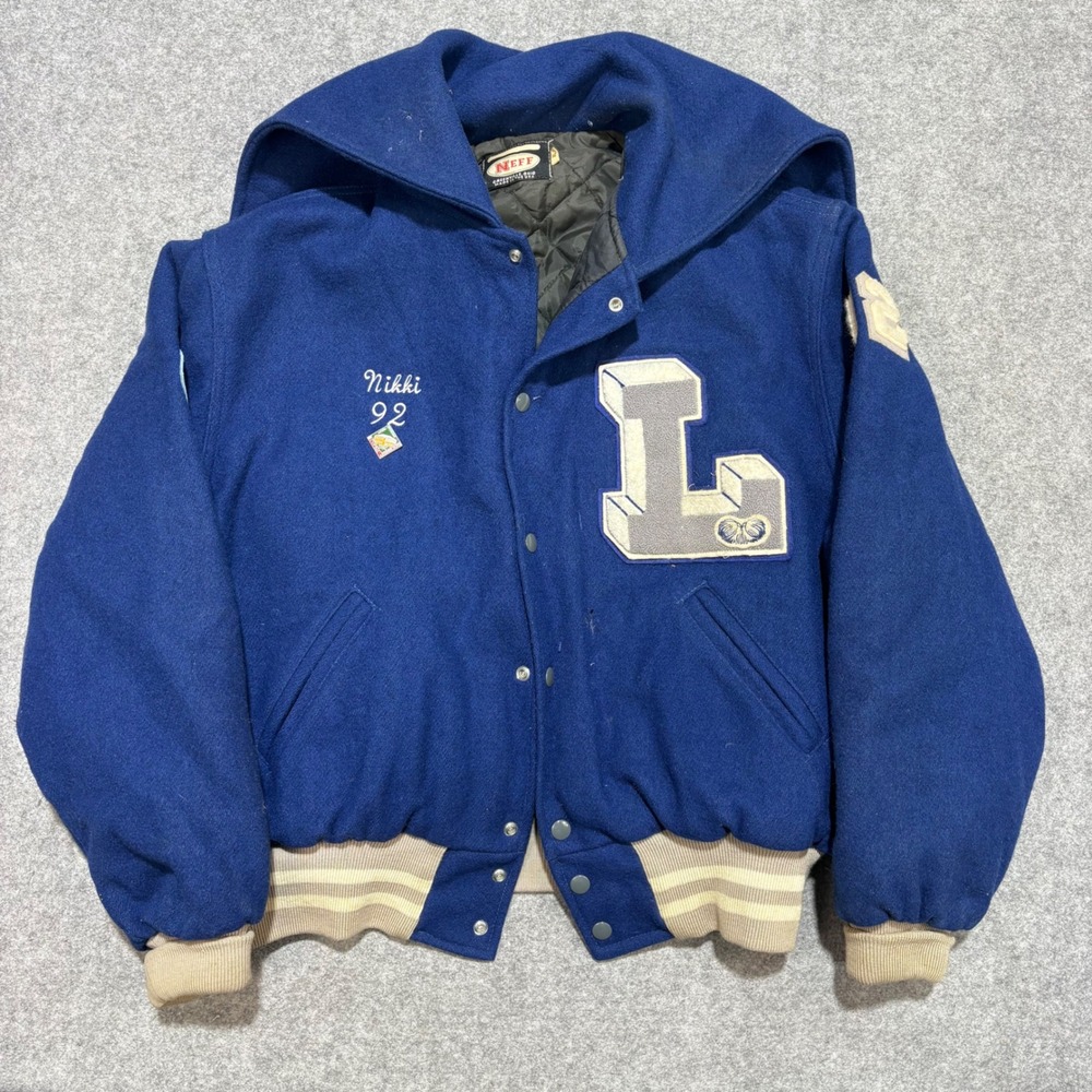Vintage Neff Varsity Jacket XL Blue Wool Leonardtown Letterman Hooded USA Made